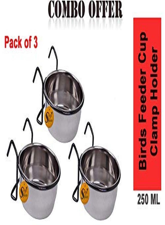 Sage Square Rustproof Stainless Steel Cage Food, Seed, Water Feeder Cum Bowl with Holder clamp for Birds (250ml) (Pack of 3) - Image 2